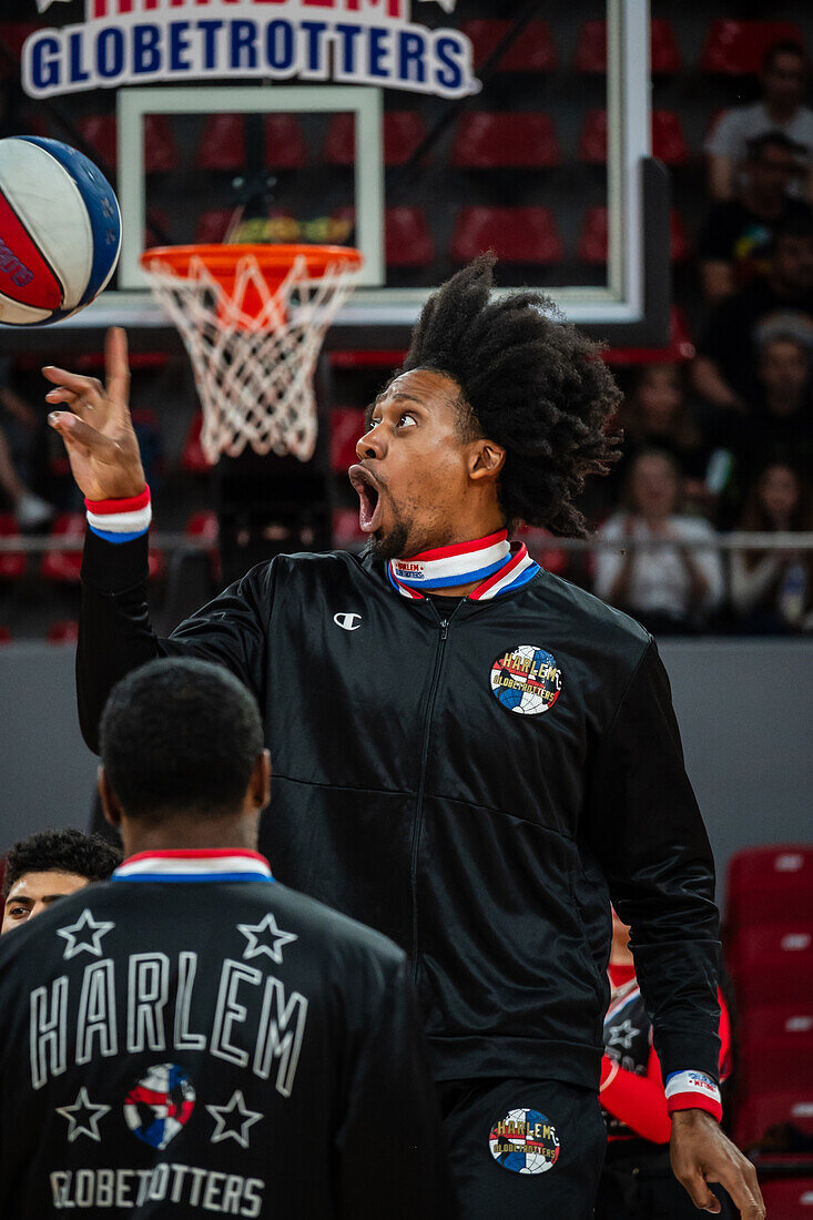 The Harlem Globetrotters perform at the Prince Felipe Pavilion in Zaragoza, Spain