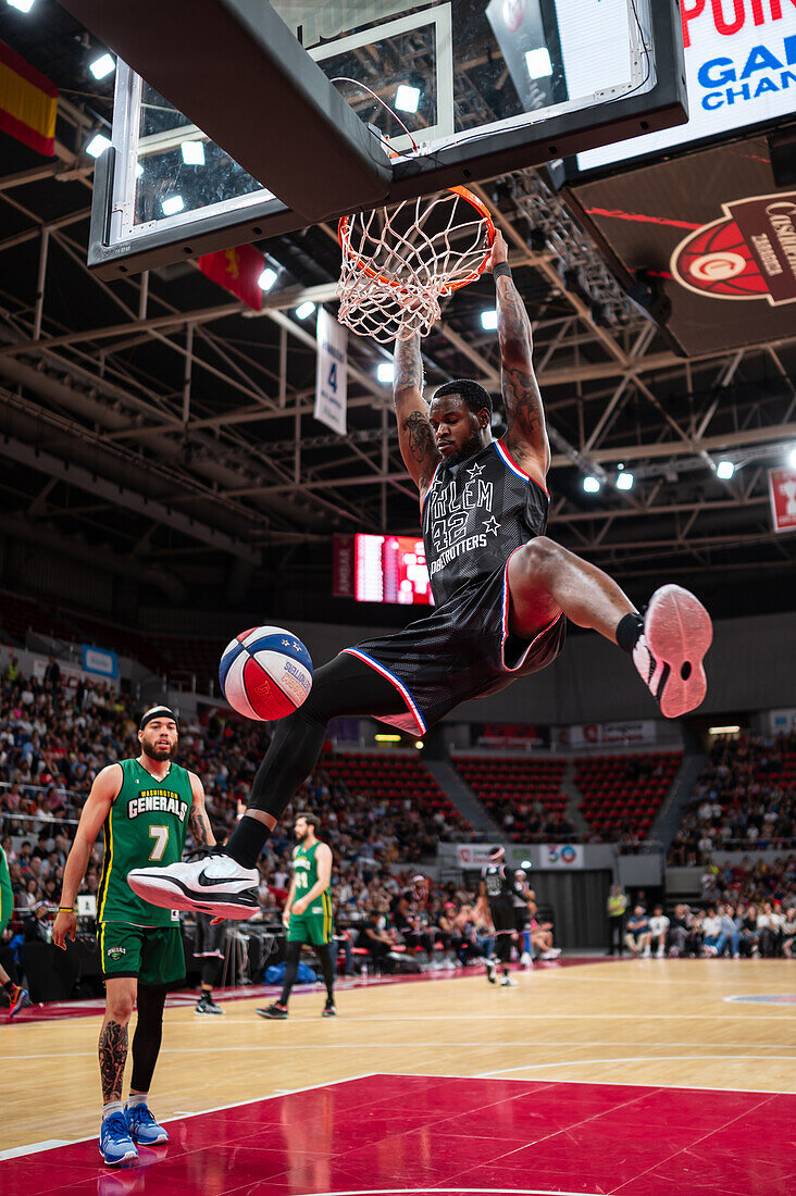 The Harlem Globetrotters perform at the Prince Felipe Pavilion in Zaragoza, Spain