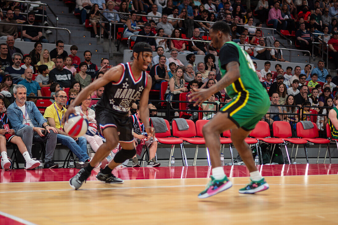 The Harlem Globetrotters perform at the Prince Felipe Pavilion in Zaragoza, Spain