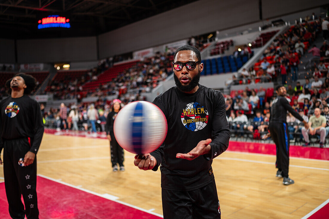 The Harlem Globetrotters perform at the Prince Felipe Pavilion in Zaragoza, Spain