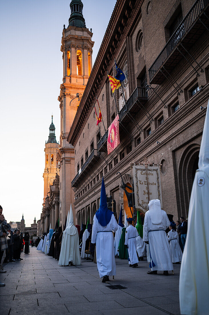 Holy Week Proclamation Procession that symbolizes the beginning of nine days of passion in the Plaza del Pilar in Zaragoza, Spain