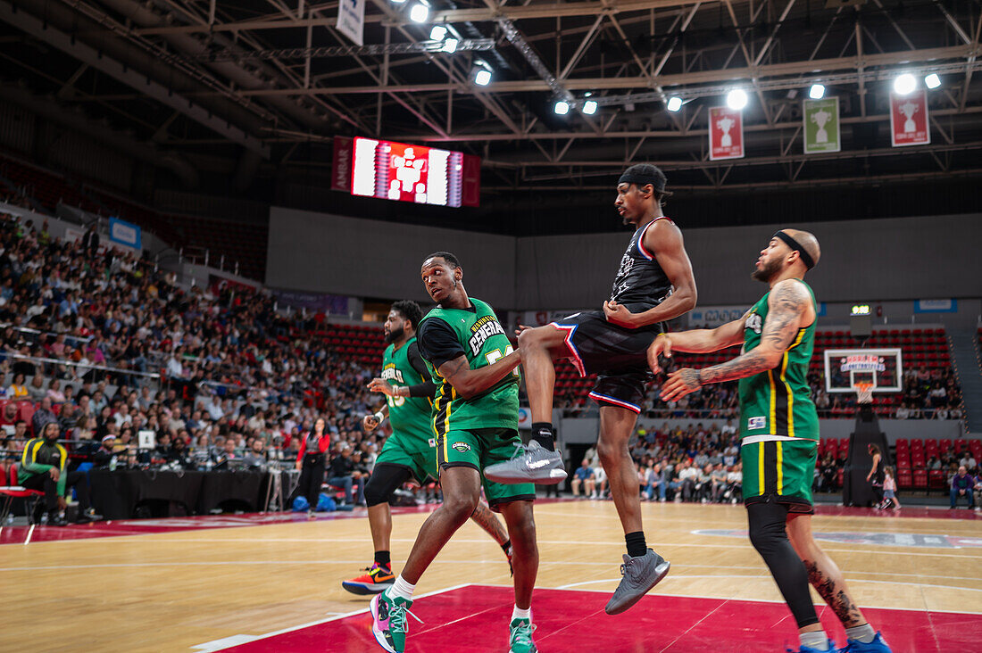 The Harlem Globetrotters perform at the Prince Felipe Pavilion in Zaragoza, Spain