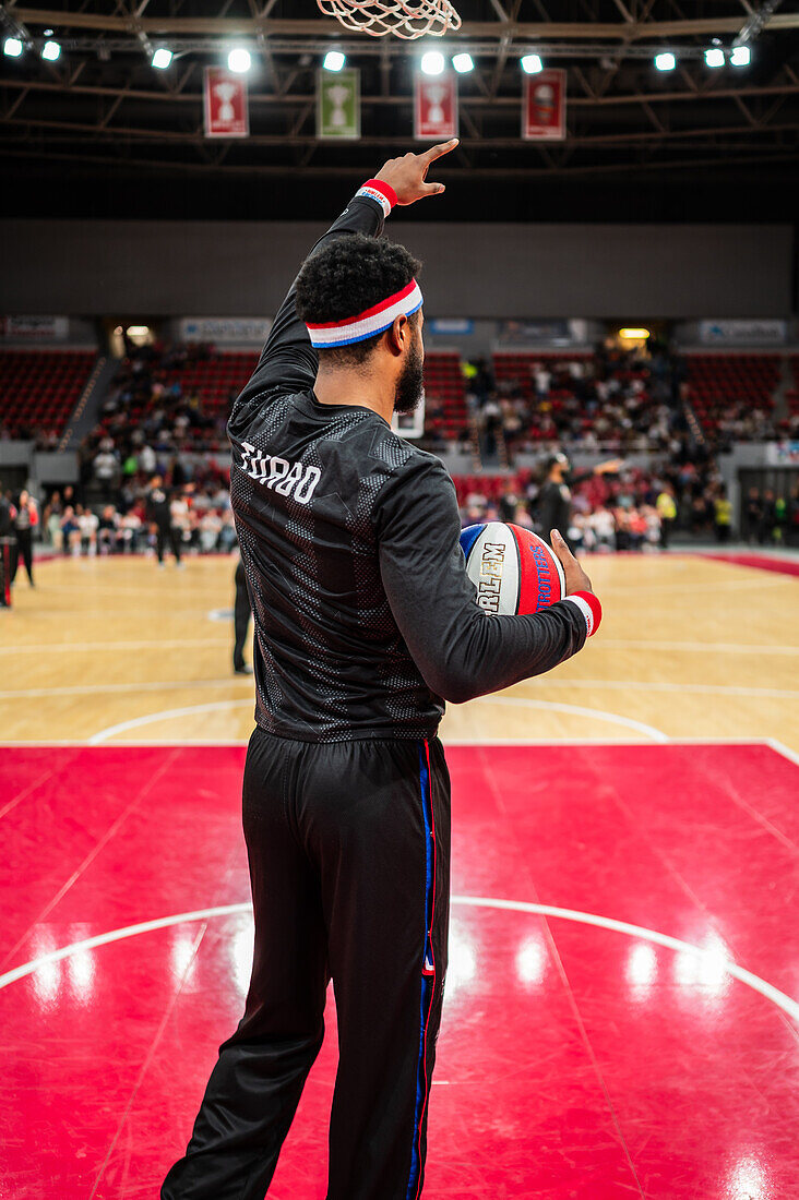 The Harlem Globetrotters perform at the Prince Felipe Pavilion in Zaragoza, Spain