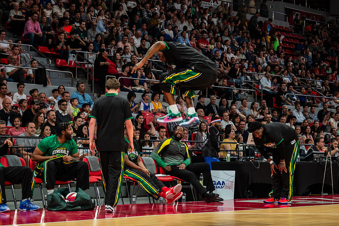 The Harlem Globetrotters perform at the Prince Felipe Pavilion in Zaragoza, Spain