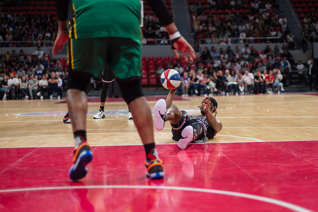 The Harlem Globetrotters perform at the Prince Felipe Pavilion in Zaragoza, Spain