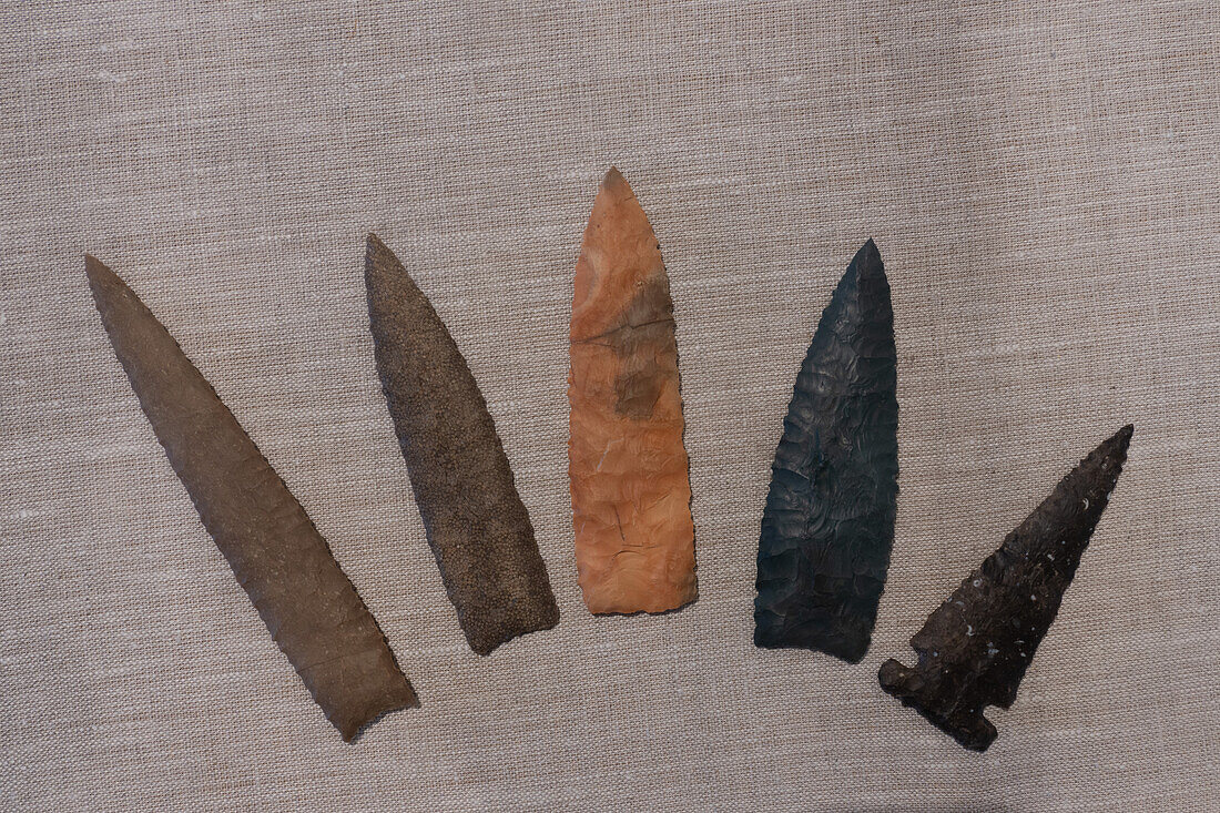 Native American knapped flint spear points in the Utah Field House of Natural History Museum. Vernal, Utah.