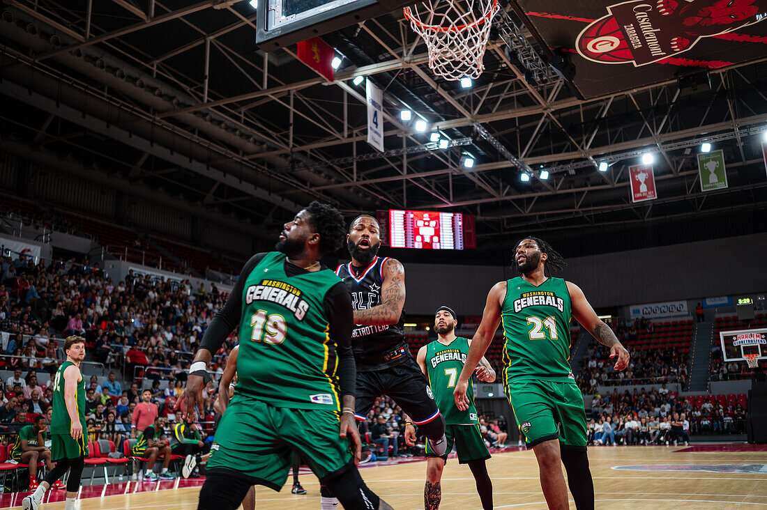 The Harlem Globetrotters perform at the Prince Felipe Pavilion in Zaragoza, Spain