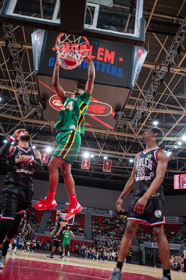 The Harlem Globetrotters perform at the Prince Felipe Pavilion in Zaragoza, Spain