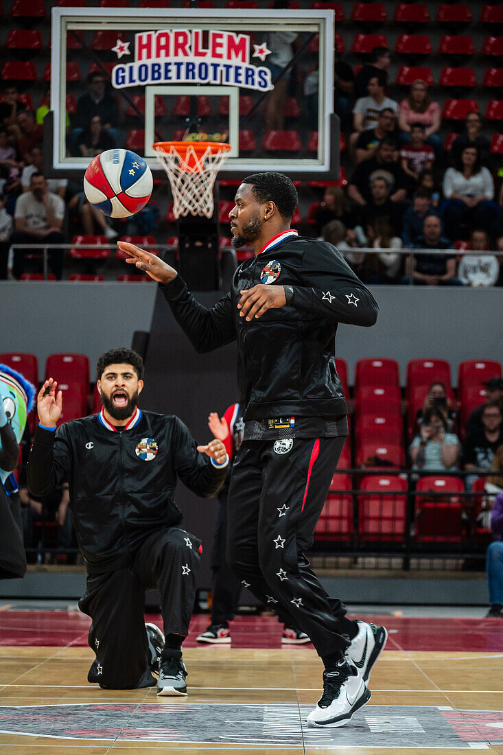 The Harlem Globetrotters perform at the Prince Felipe Pavilion in Zaragoza, Spain