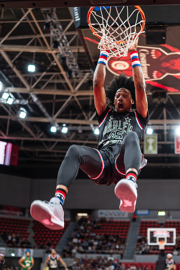 The Harlem Globetrotters perform at the Prince Felipe Pavilion in Zaragoza, Spain