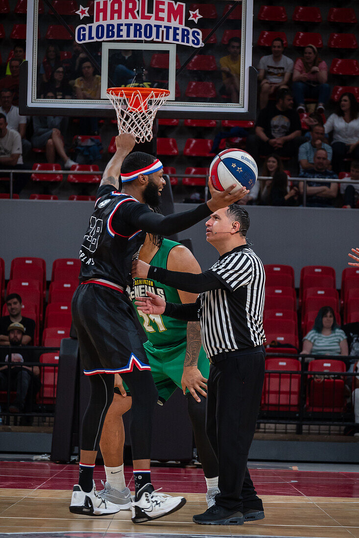 The Harlem Globetrotters perform at the Prince Felipe Pavilion in Zaragoza, Spain