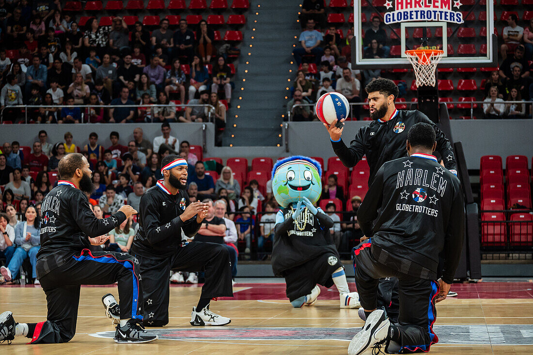 The Harlem Globetrotters perform at the Prince Felipe Pavilion in Zaragoza, Spain