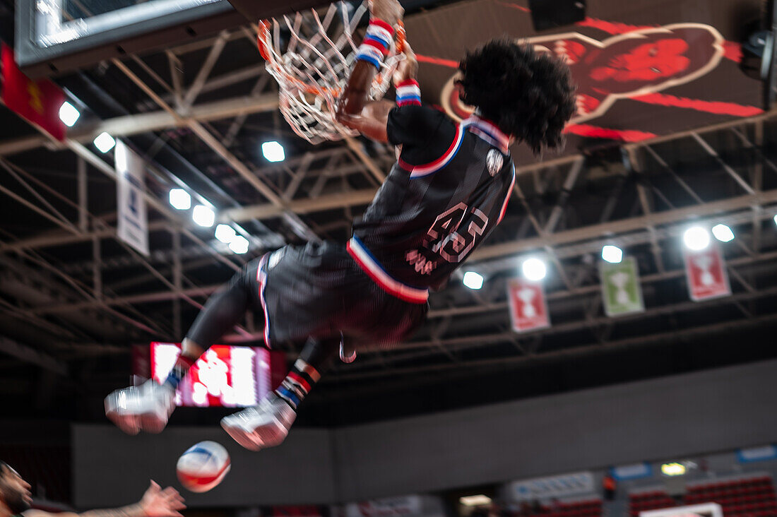 The Harlem Globetrotters perform at the Prince Felipe Pavilion in Zaragoza, Spain