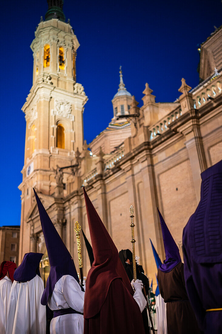 Holy Week Proclamation Procession that symbolizes the beginning of nine days of passion in the Plaza del Pilar in Zaragoza, Spain