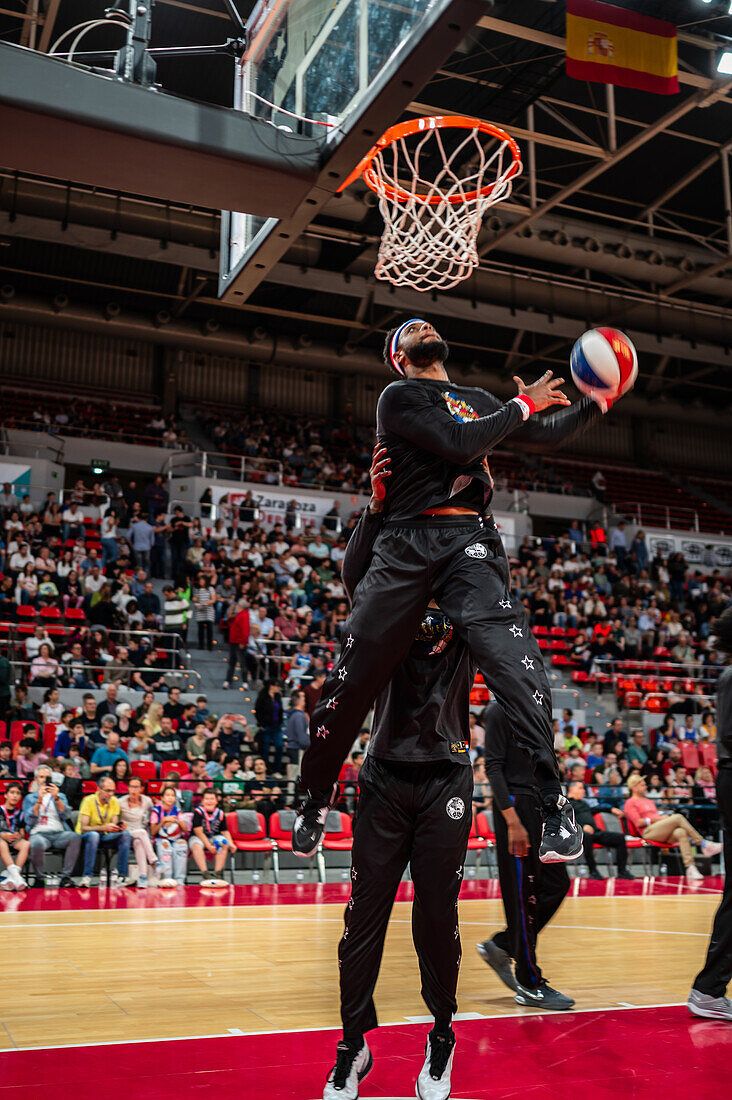 The Harlem Globetrotters perform at the Prince Felipe Pavilion in Zaragoza, Spain