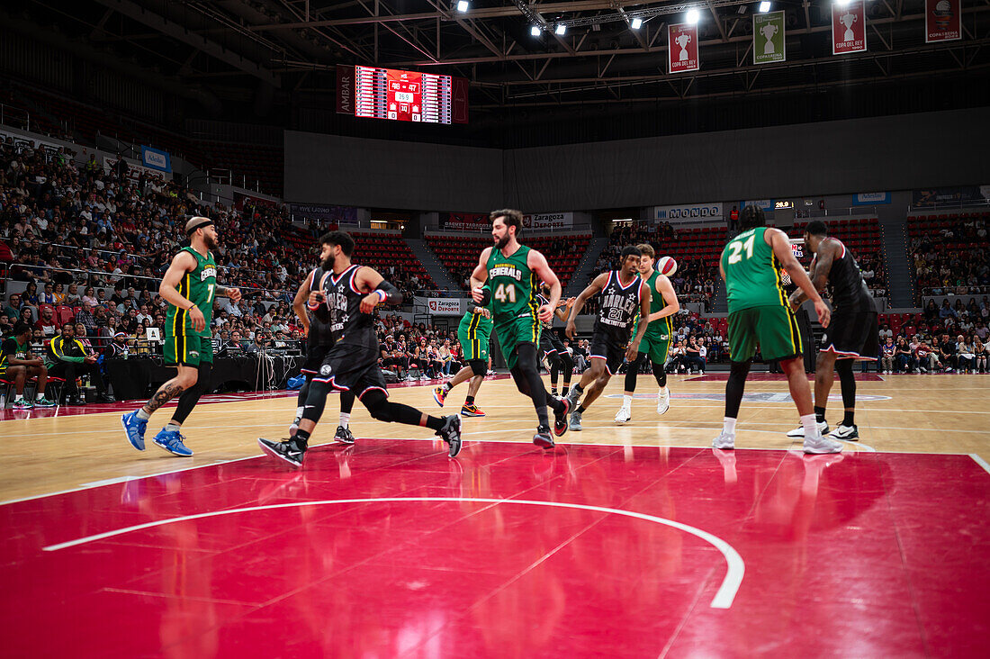 The Harlem Globetrotters perform at the Prince Felipe Pavilion in Zaragoza, Spain