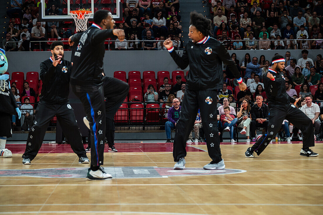 The Harlem Globetrotters perform at the Prince Felipe Pavilion in Zaragoza, Spain