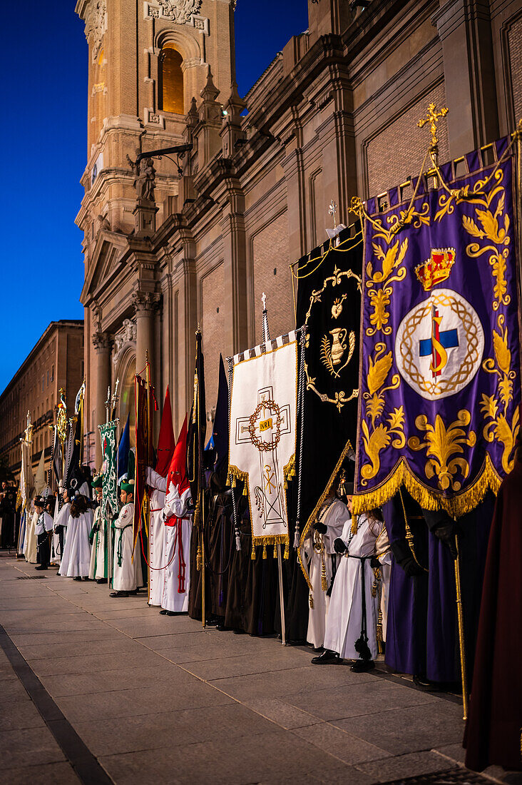 Holy Week Proclamation Procession that symbolizes the beginning of nine days of passion in the Plaza del Pilar in Zaragoza, Spain