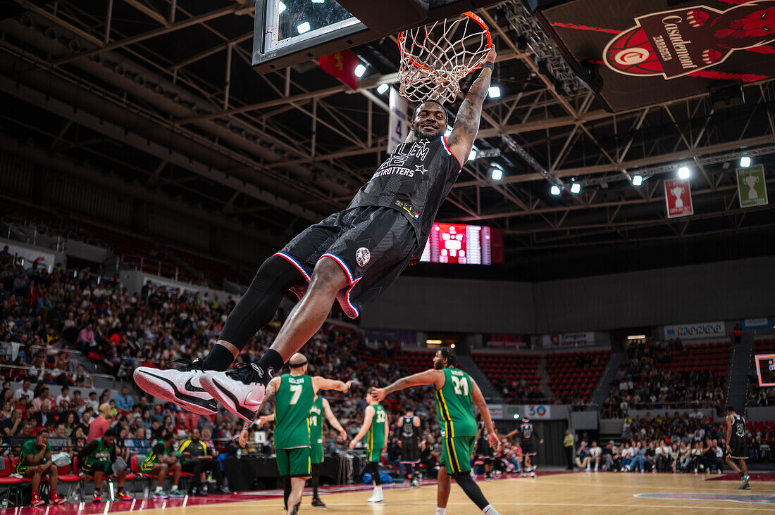 The Harlem Globetrotters perform at the Prince Felipe Pavilion in Zaragoza, Spain