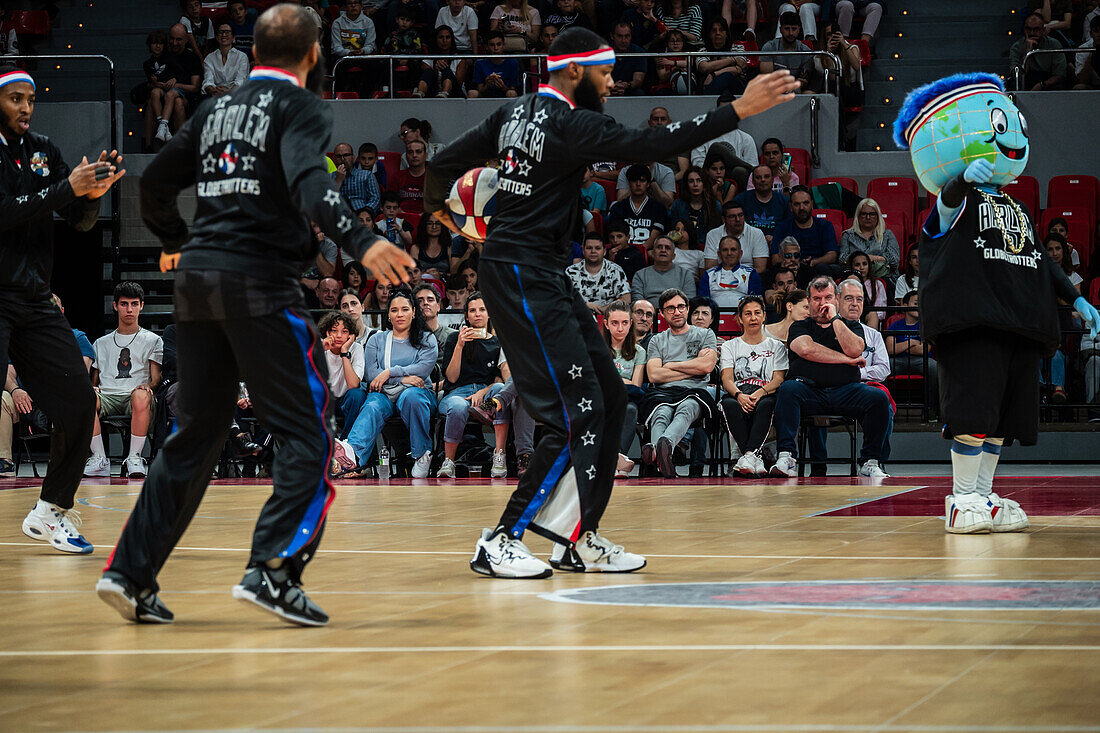 The Harlem Globetrotters perform at the Prince Felipe Pavilion in Zaragoza, Spain