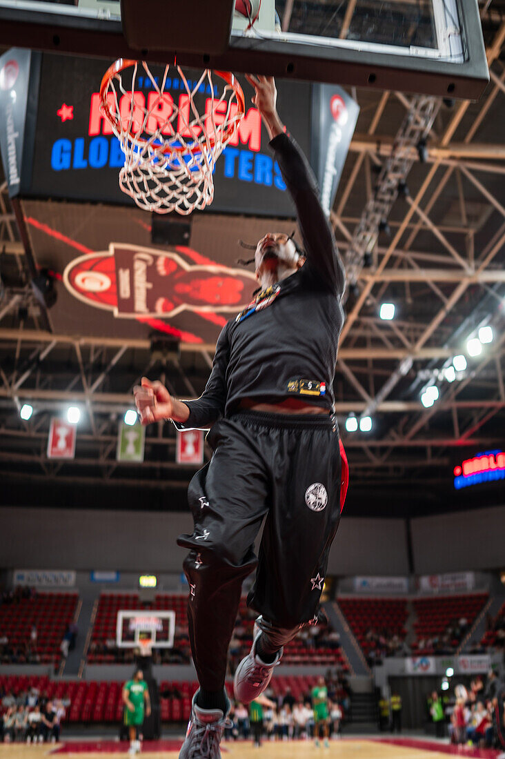 The Harlem Globetrotters perform at the Prince Felipe Pavilion in Zaragoza, Spain