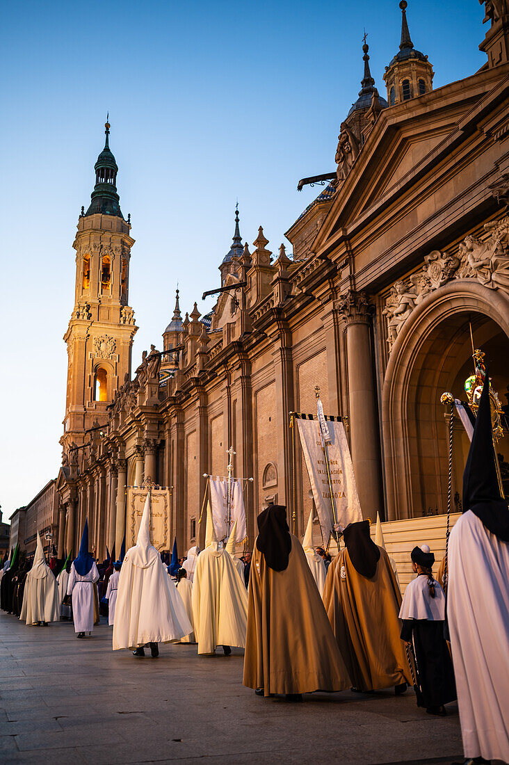 Holy Week Proclamation Procession that symbolizes the beginning of nine days of passion in the Plaza del Pilar in Zaragoza, Spain