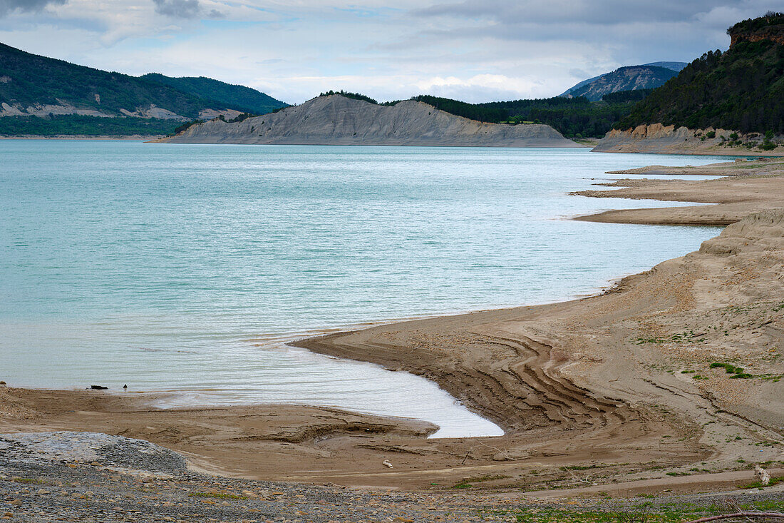 Reservoir bank. Yesa reservoir. Aragon, Spain, Europe.