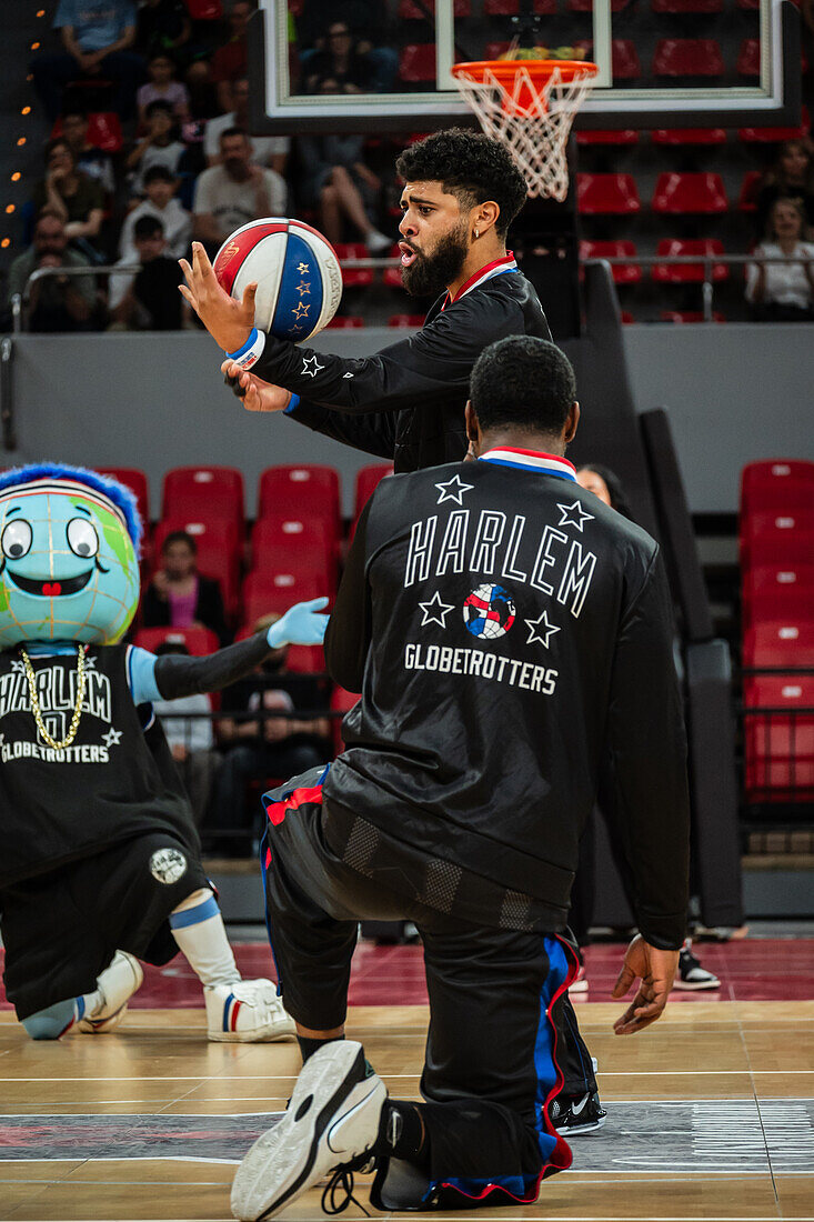 The Harlem Globetrotters perform at the Prince Felipe Pavilion in Zaragoza, Spain