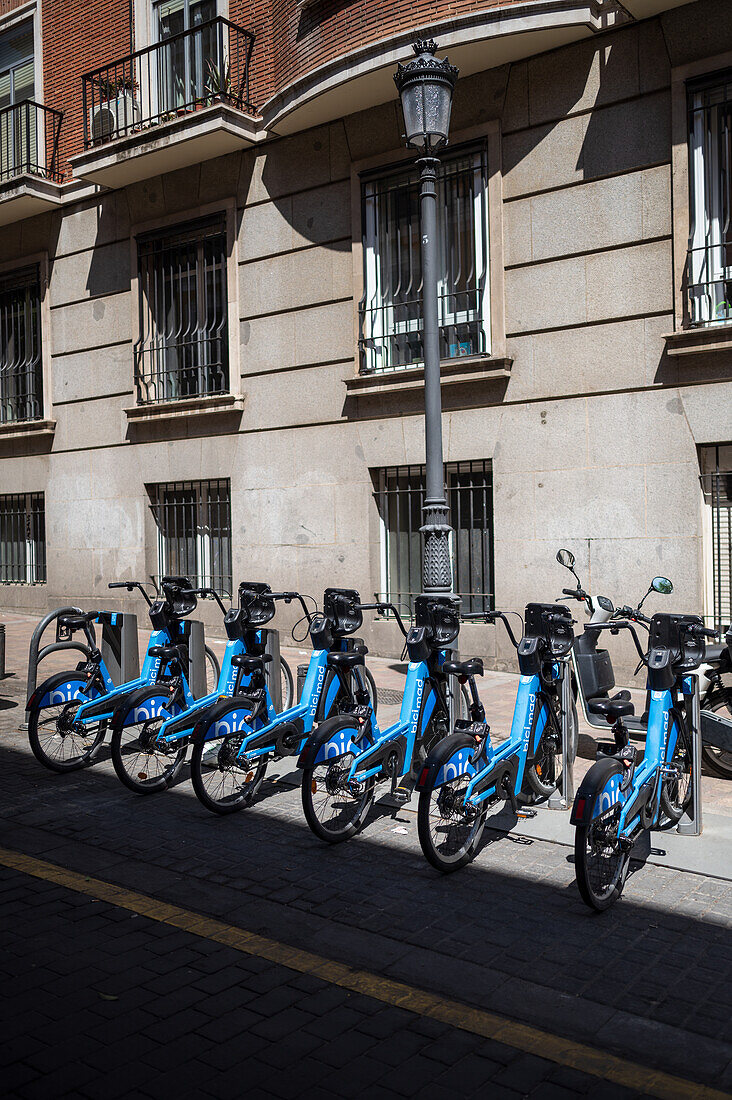 BiciMAD bikes, a bicycle rental program operated by the Madrid City Hall, Spain