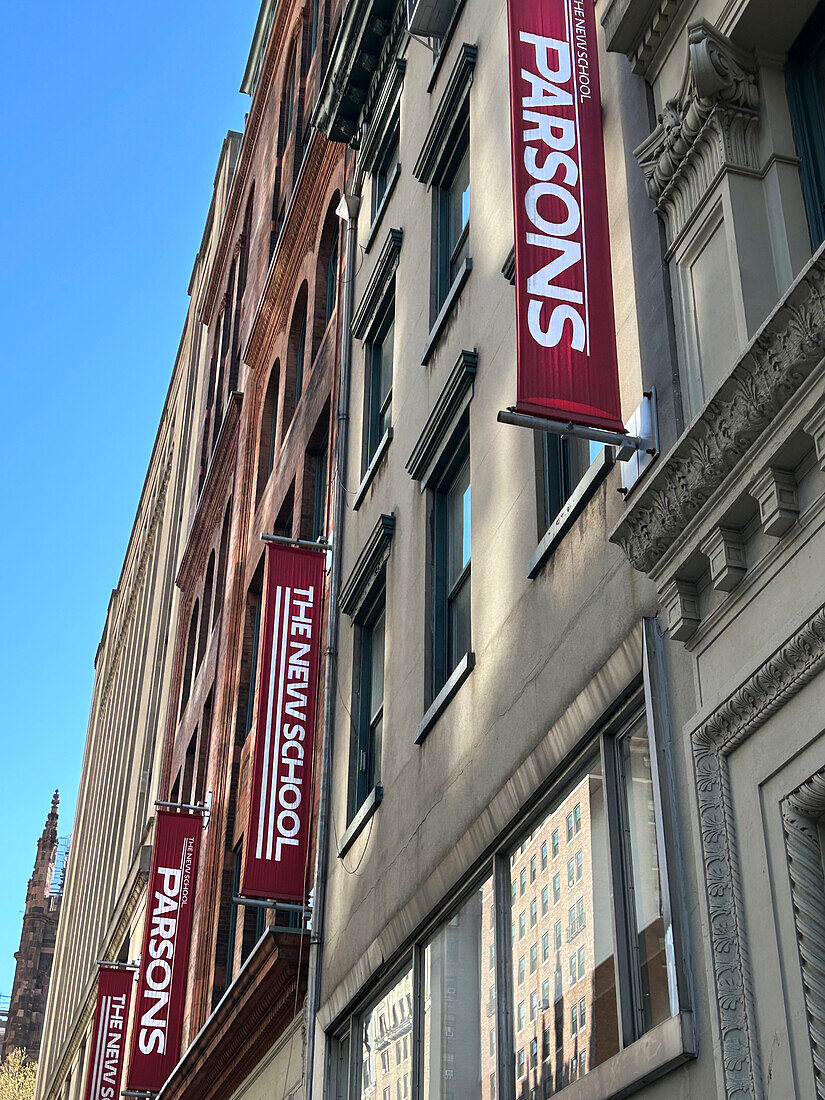 Parsons School of Design, low angle exterior view, The New School, Fifth Avenue, New York City, New York, USA