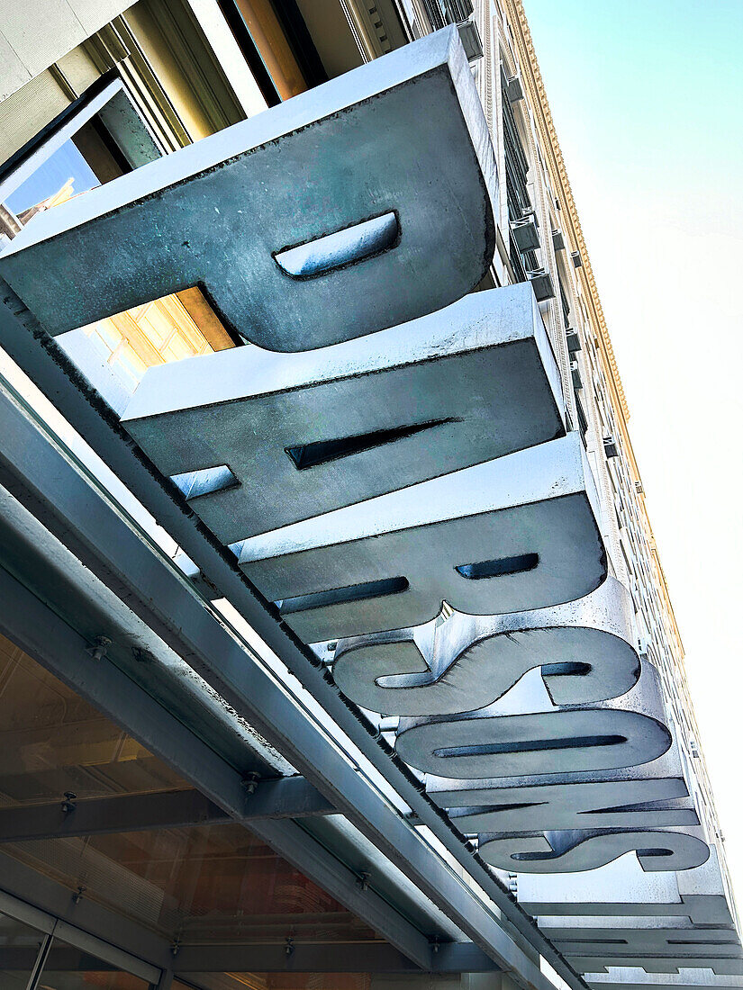 Low angle view of abstract building sign, Parsons School of Design, The New School, Fifth Avenue, New York City, New York, USA