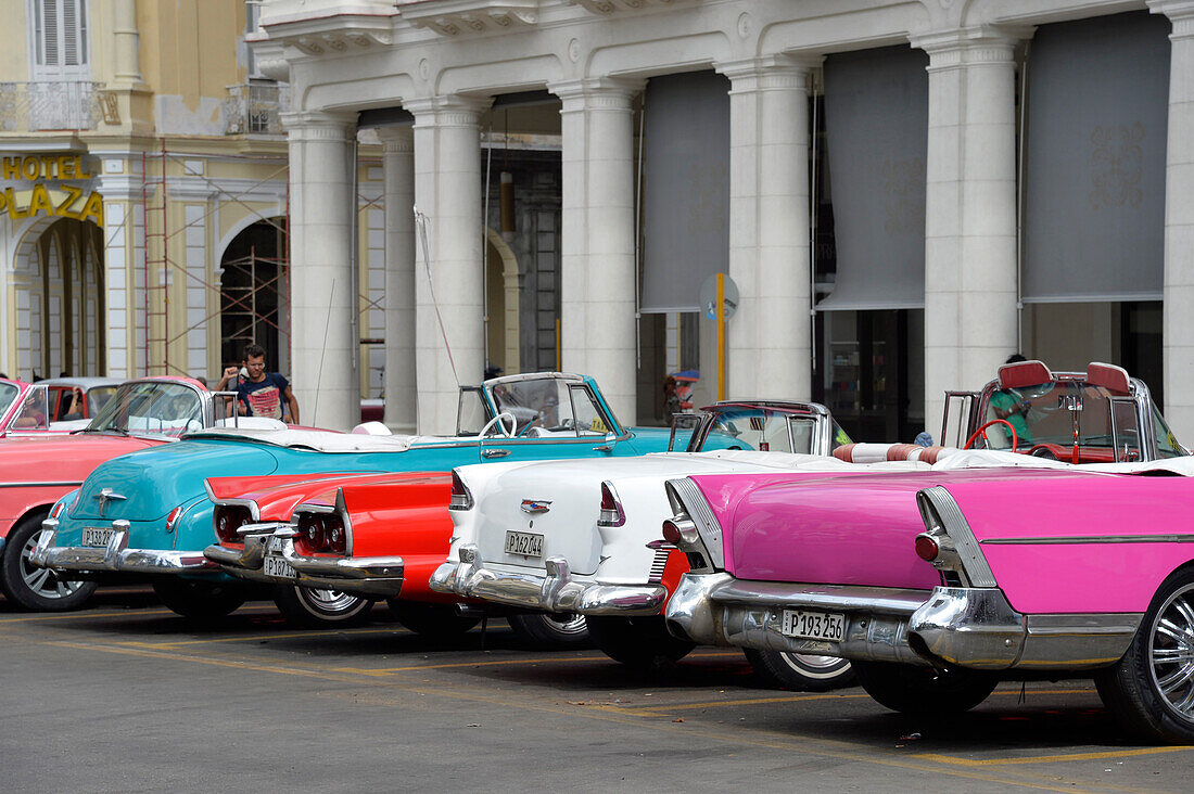 Cuba,La Havana,Paseo de Marti,old 1950s convertible American cars with bright colors are parked