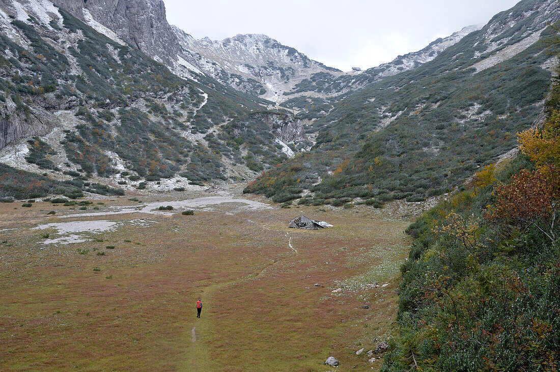 Austria,Styria,ENNSTAL Alps, a man alone carrying a red backpack hikes on a high plateau towards the Admonter mountain hut