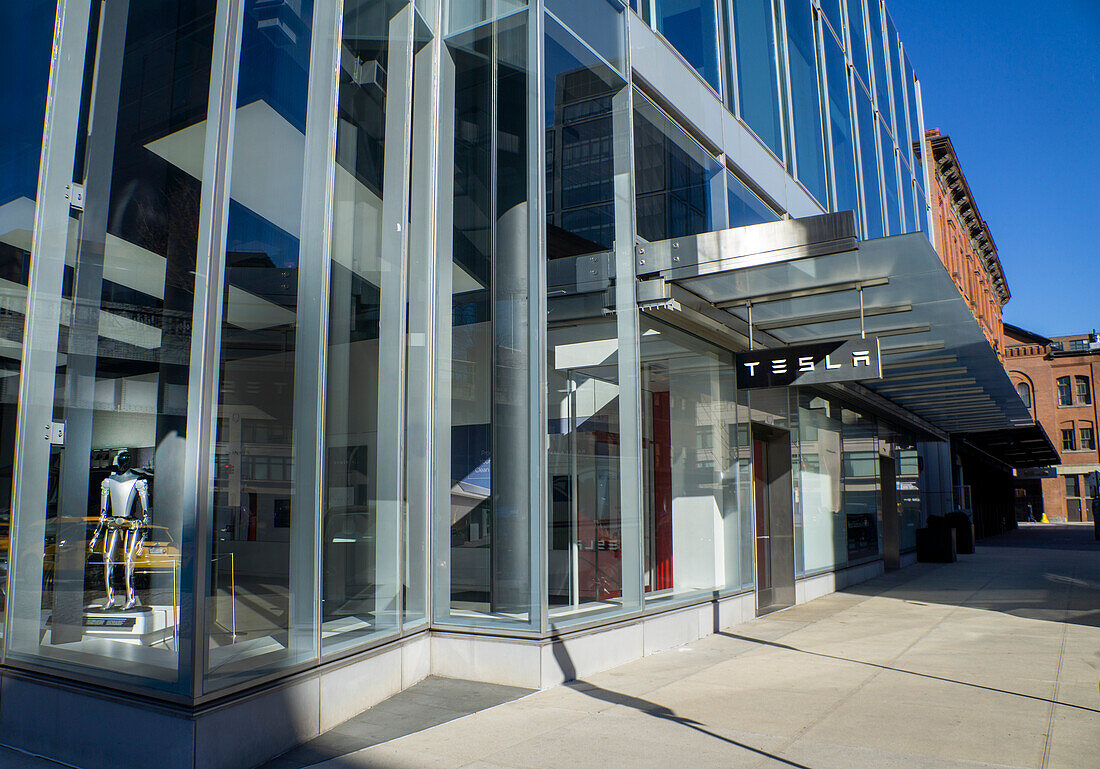 Tesla electric vehicle showroom, exterior view, Meatpacking District, New York City, New York, USA 