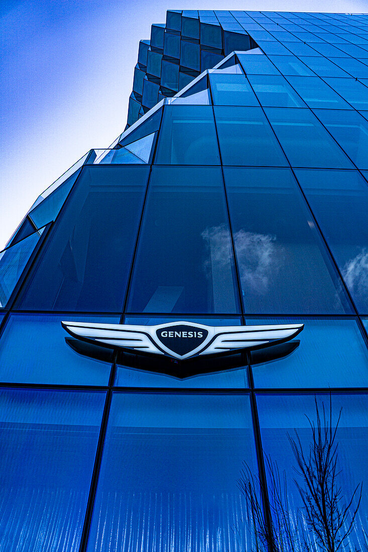 Genesis House electric vehicle showroom, low angle view of building exterior, New York City, New York, USA