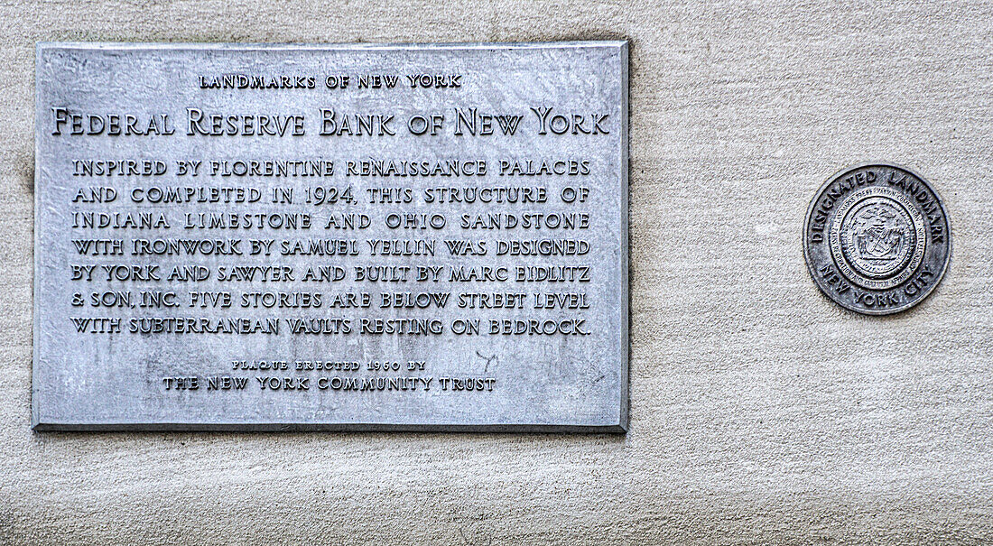 Exterior historical plaque, Federal Reserve Bank of New York, New York City, New York, USA