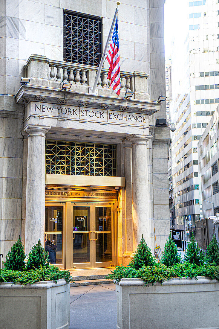 New York Stock Exchange, Detailansicht von außen, Eingang Wall Street, Financial District, New York City, New York, USA