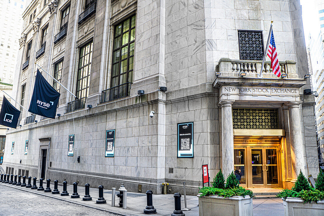 New York Stock Exchange, Detailansicht von außen, Eingang Wall Street, Financial District, New York City, New York, USA