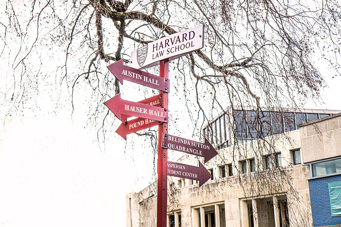 Campus direction arrows, Harvard Law School, Harvard University, Cambridge, Massachusetts, USA