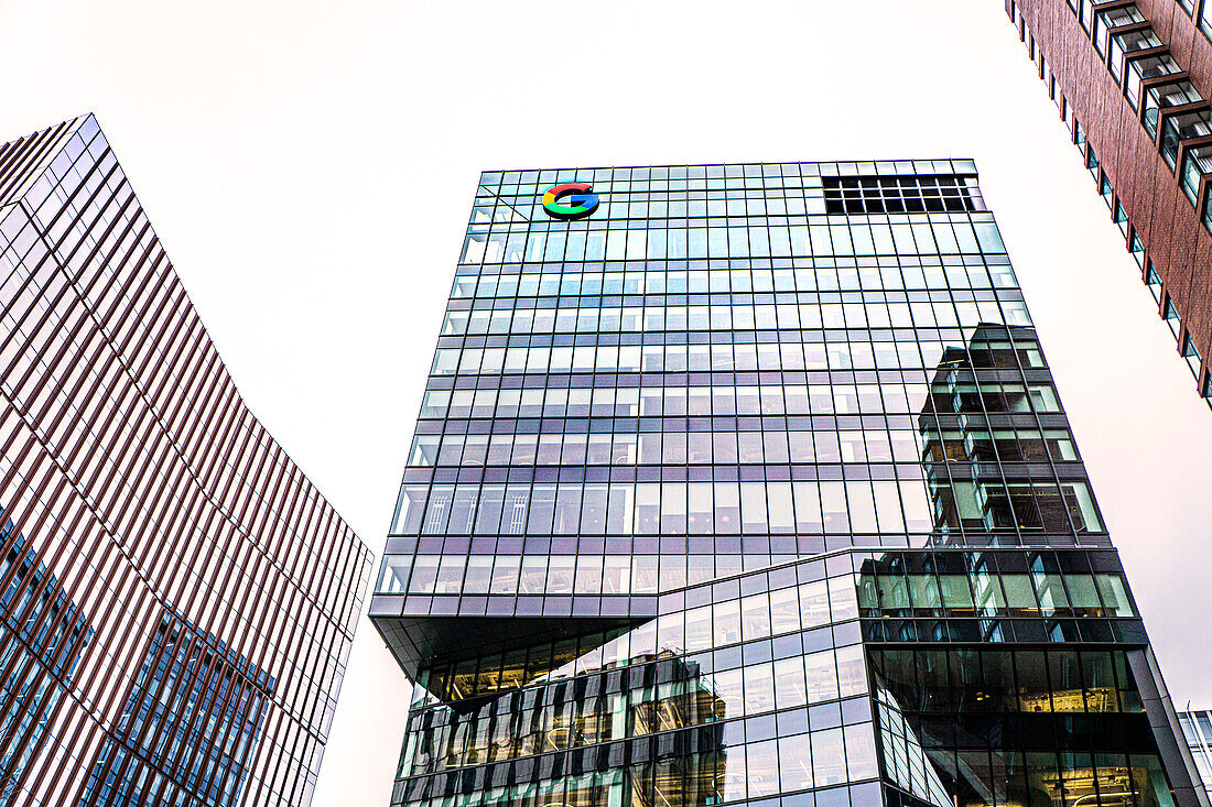 MIT Museum (left), Google office building (right), exterior low angle view, Cambridge, Massachusetts, USA