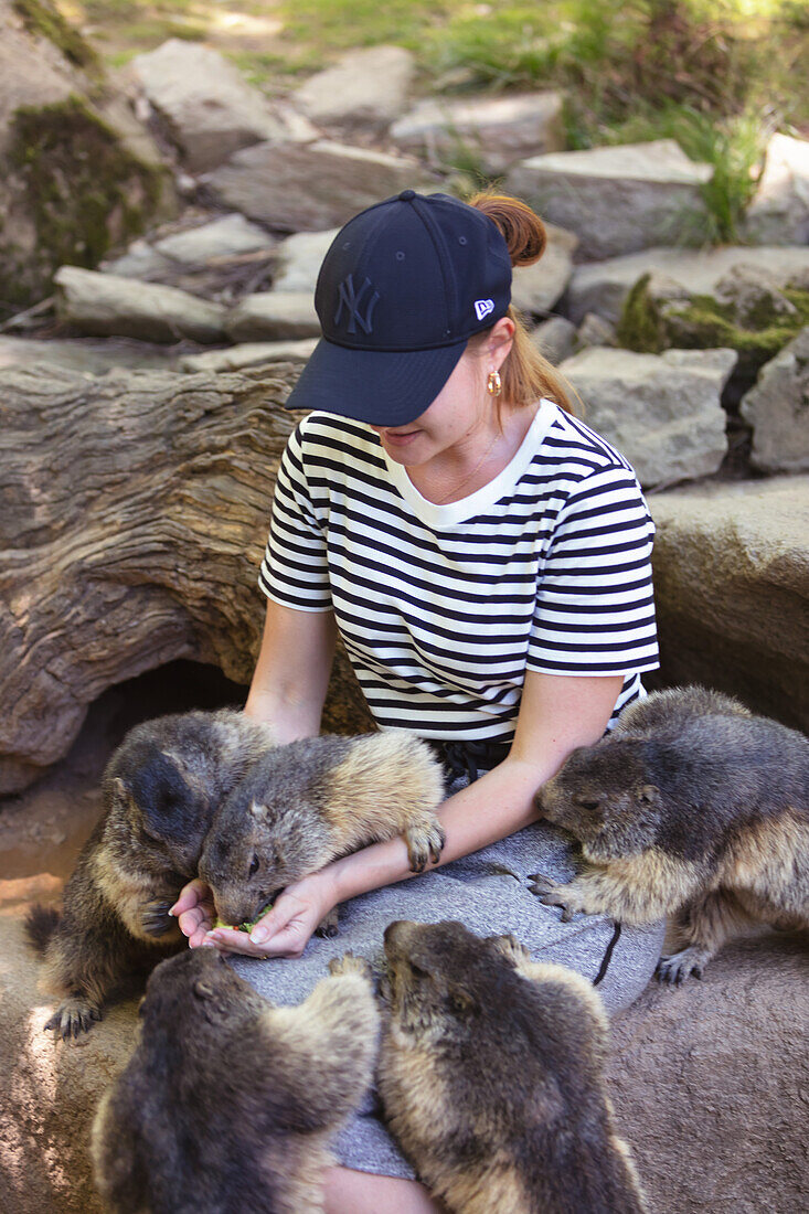 Portrait of a young woman feeding marmots