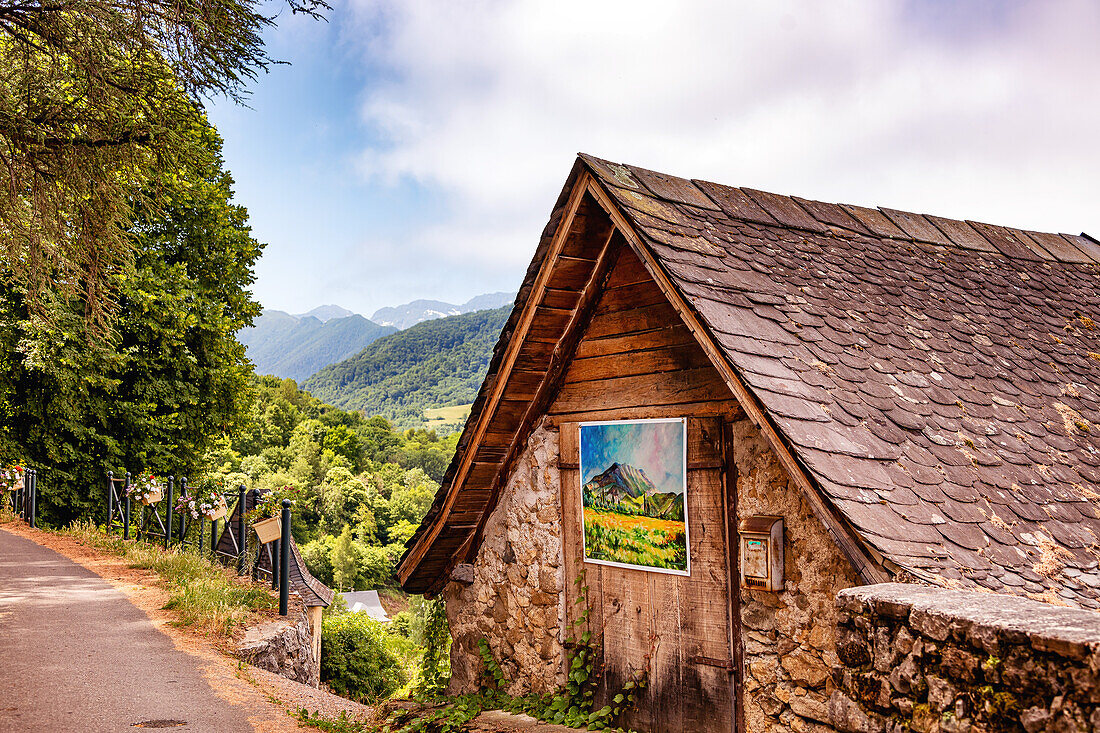 stone house in the village of Audressein in Ariege department,in Pyrenees mountains,Occitanie region,France