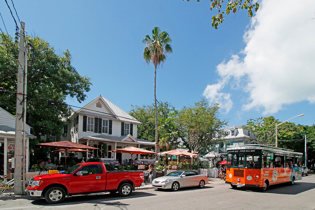 USA. Florida. The Keys. Key West. Historic and tourist center. Tourist bus on the right.