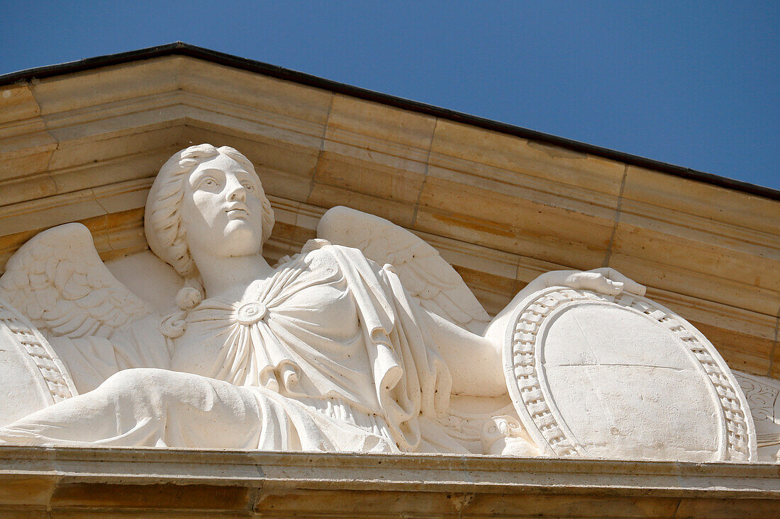 France. Seine et Marne. Castle of Vaux le Vicomte. Statue on the top of the facade.