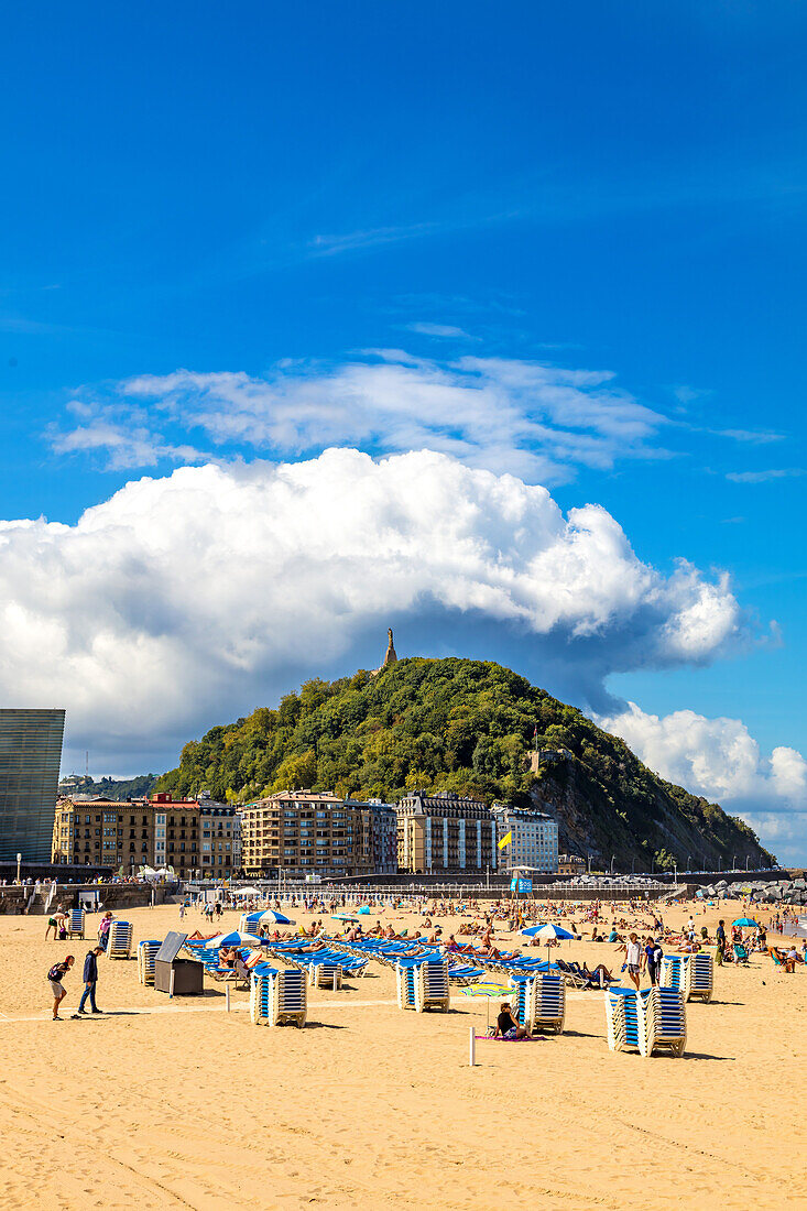 San Sebastian,Spain - September 07,2019 - Beach view,surfers and tourists