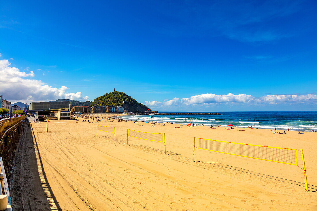 San Sebastian,Spain - September 07,2019 - Beach view,surfers and tourists