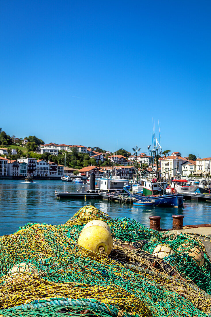 Saint-Jean-de-Luz,France - September 08,2019 - View of the harbor,houses and fishing nets