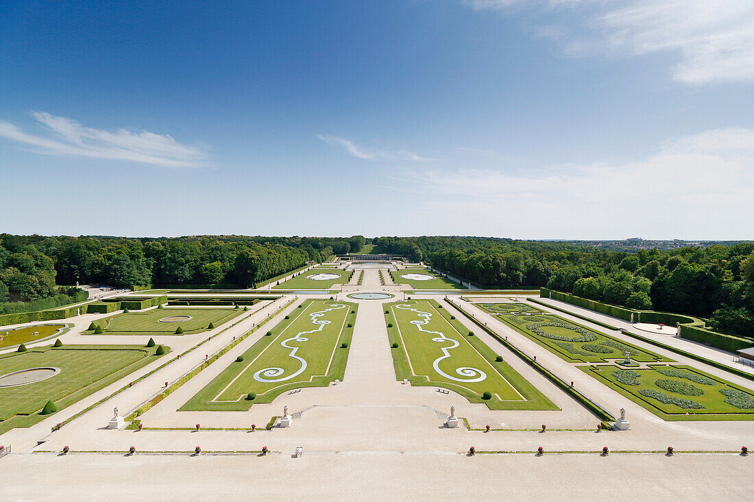 France. Seine et Marne. Castle of Vaux le Vicomte. View of the gardens from the dome.