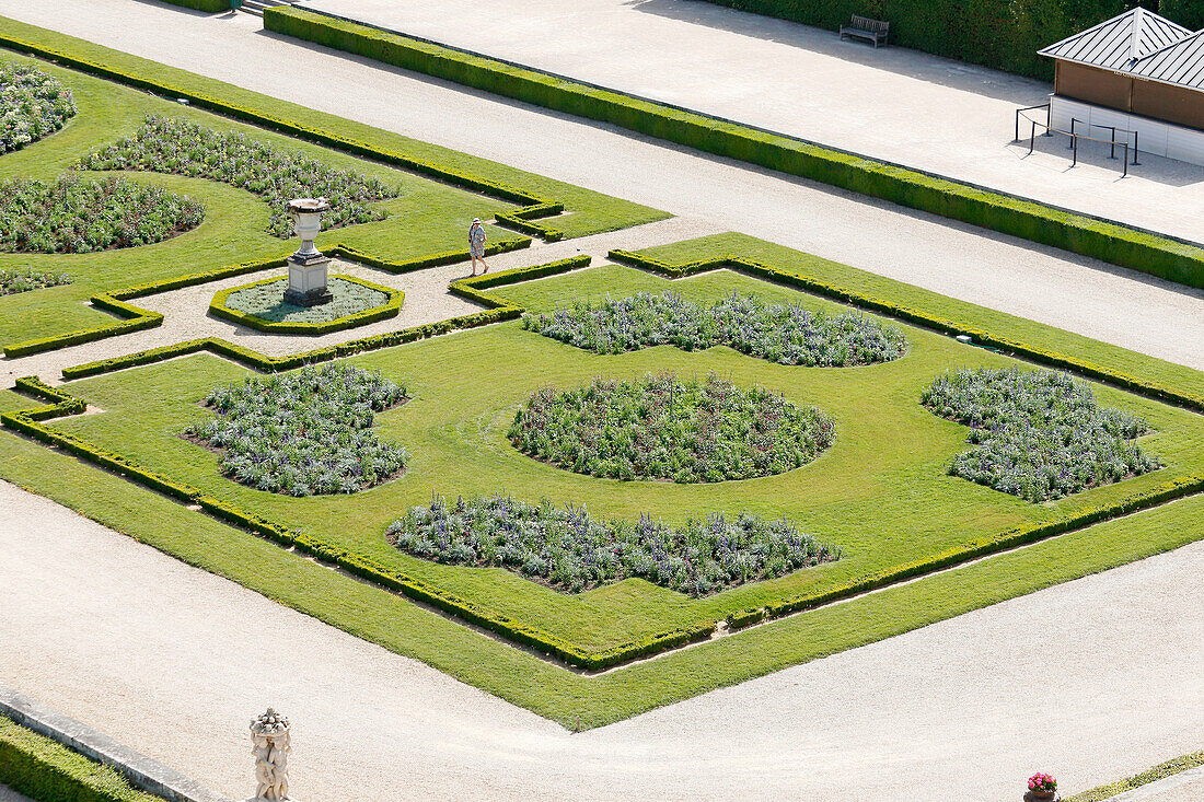 France. Seine et Marne. Castle of Vaux le Vicomte. View of the gardens from the dome. Tourist walking.