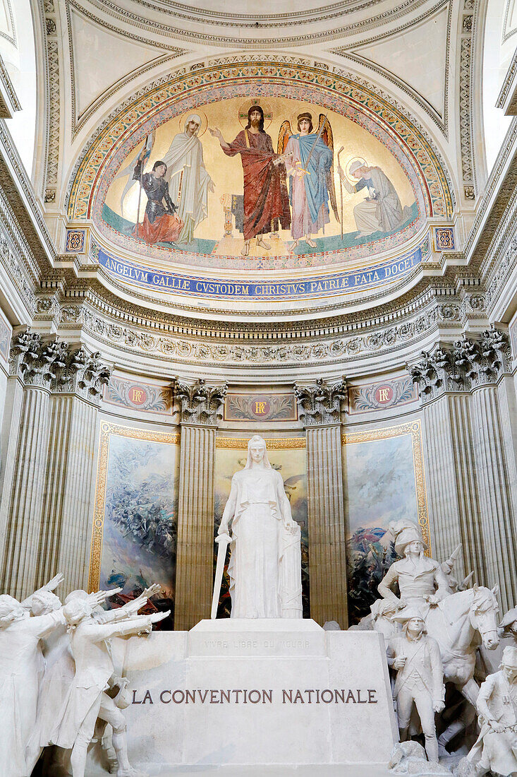 Frankreich. Paris. 5. Bezirk. Das Pantheon. Skulptur Der Nationalkonvent, von Francois Leon Sicard. Oben Gemälde Christus, der dem Engel von Frankreich die Schicksale seines Volkes zeigt, von Antoine Auguste Ernest Hebert.